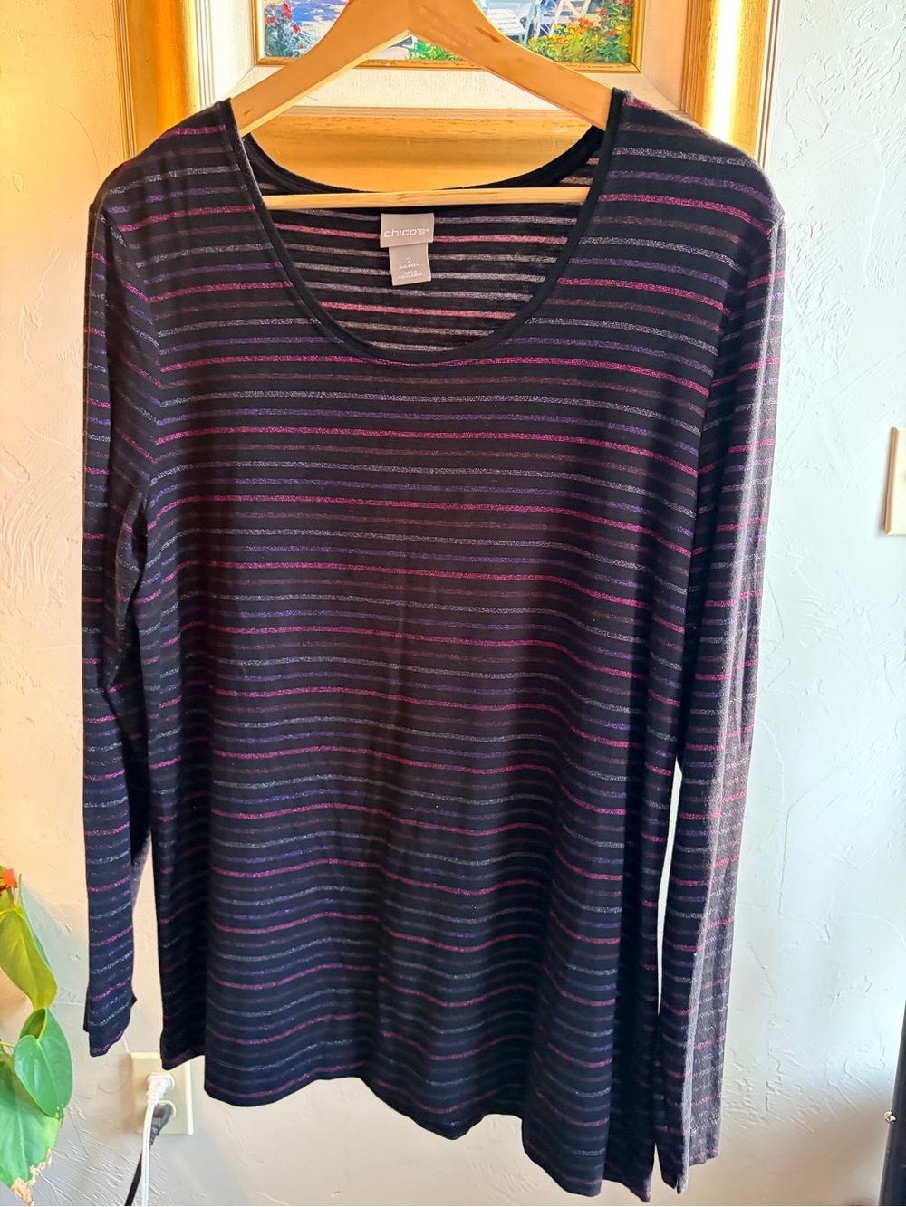 Chico's Sz 2 Women's L Black Purple Pink Striped Scoop Neck Long Sleeve Knit Top
